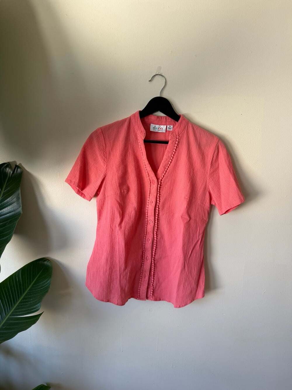 Denim & Co. Textured V-Neck Button Up Short Sleeve Blouse Coral